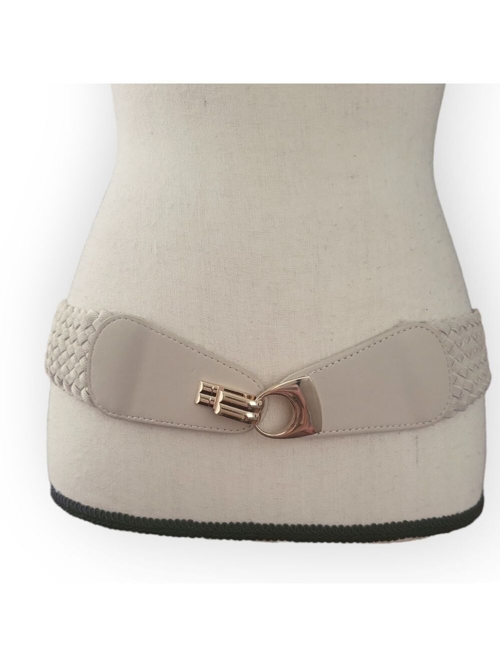 Daniel Friedman NY Bone Shoelace Braided Fabric Front Buckle Stretch Belt ML NWT